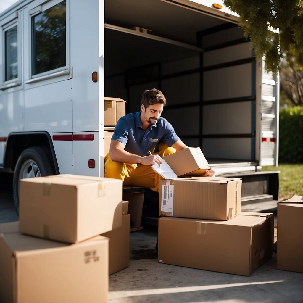 Boxes stacked high, a moving truck parked outside a home, a tape measure and clipboard in hand, as a mover calculates the volume of belongings