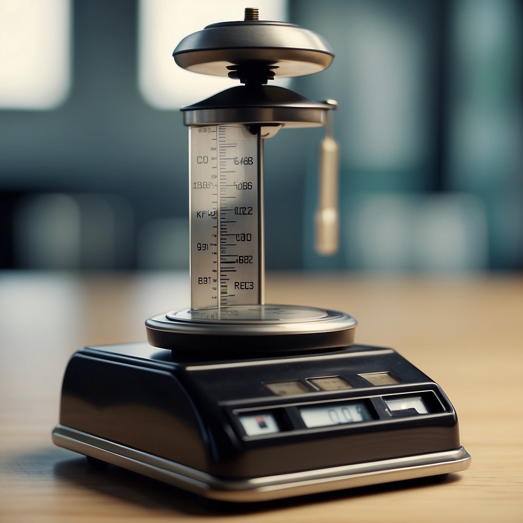 A scale with a heavy object on one side and a stack of cubic feet on the other, with a measuring tape and calculator nearby