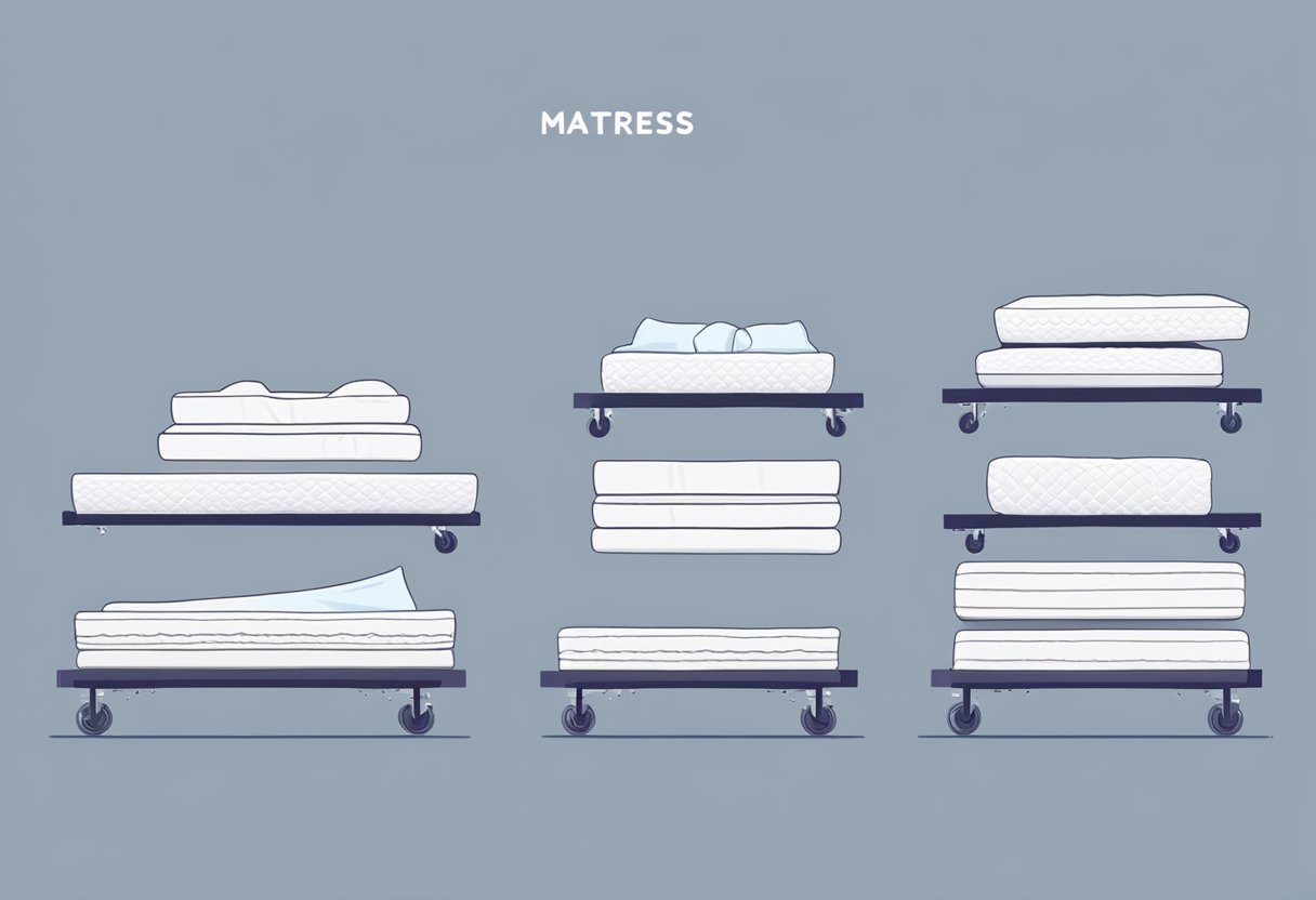 Different mattresses being lifted and carried using proper techniques. Step-by-step guide showing methods for moving various mattress types