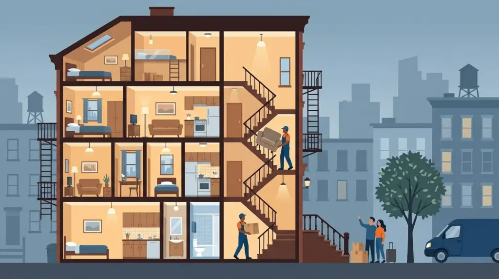 Cutaway illustration of a New York walk-up showing a studio, a railroad flat, a one-bedroom with fire escape, a loft-bed flat and a top-floor flat under the roof