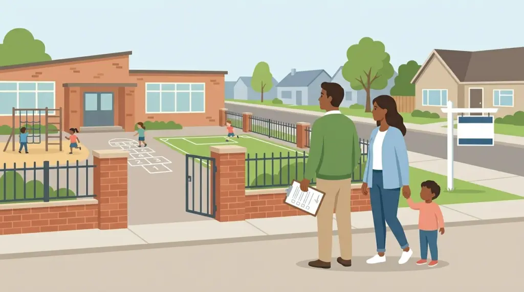 Parents at a school gate looking in at the playground, with the house they are considering just across the street