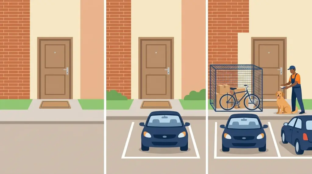 Three identical apartment doors whose extras differ — one bare, one with parking, one with parking, storage and a pet