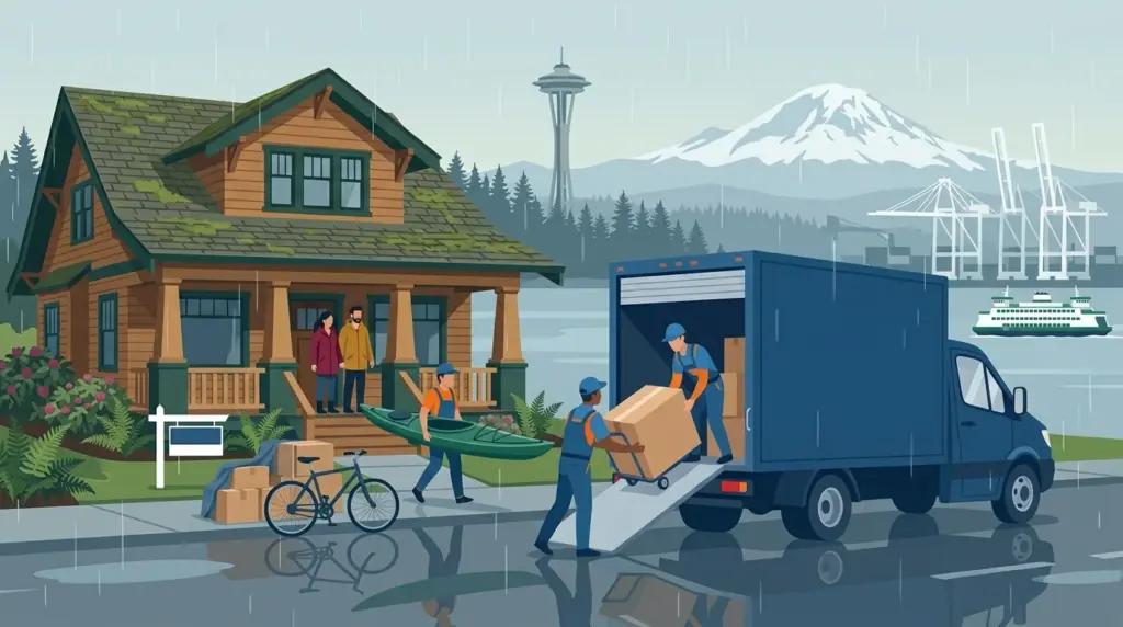 Illustrated guide to moving to Seattle, showing housing, neighbourhoods, costs and arrival