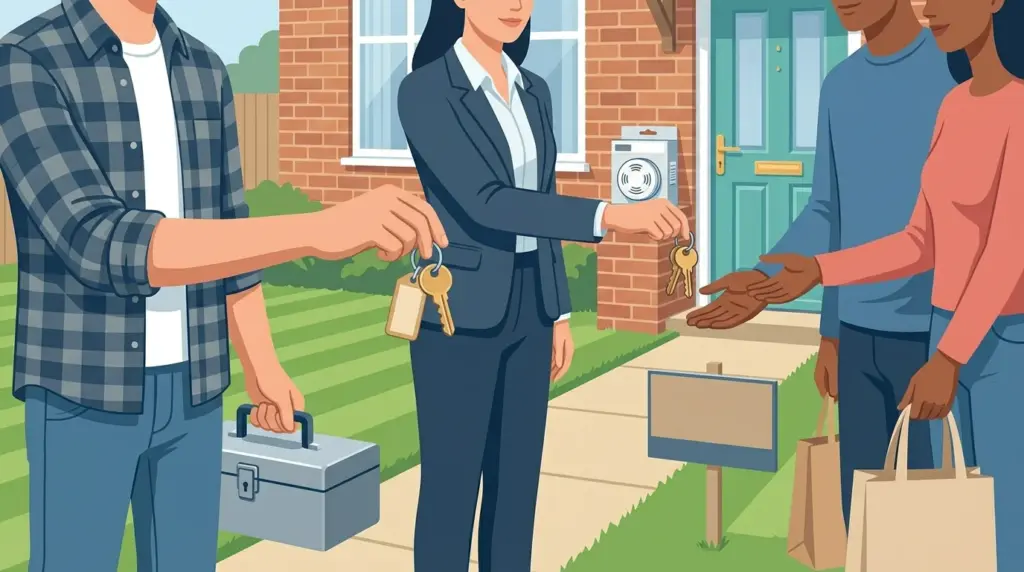 Keys passing from the departing owner to a letting agent to a new tenant family at the front door