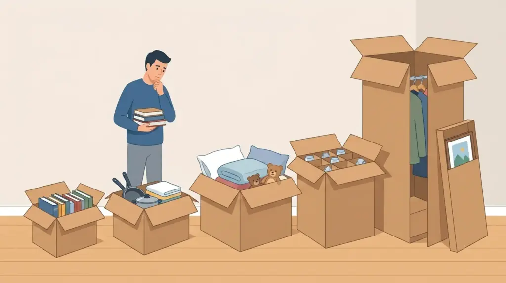 Five box types open side by side — book box, medium, large light, divided dish pack and wardrobe box — each with its right contents