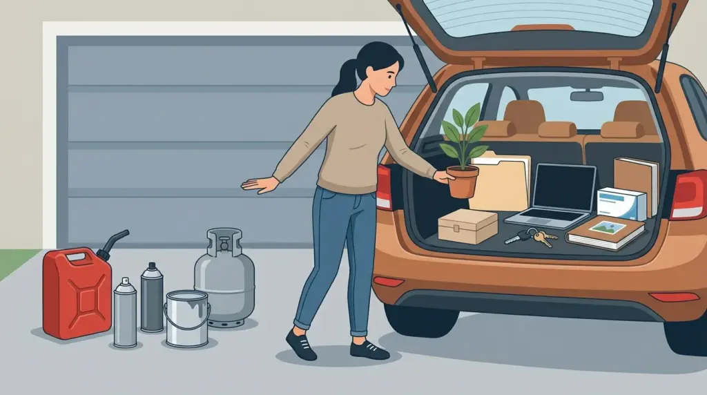Documents, medication, keys and a laptop going in the car, with fuel, aerosols and a gas cylinder set firmly apart