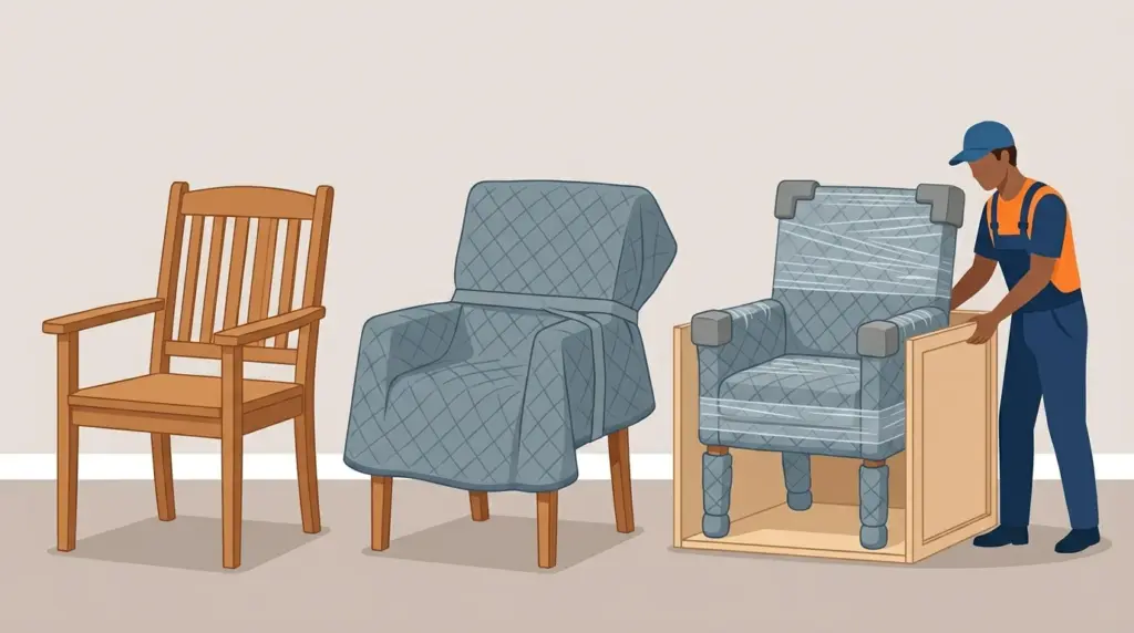 The same chair three times — bare, blanket-wrapped, and fully padded inside a made-to-fit crate