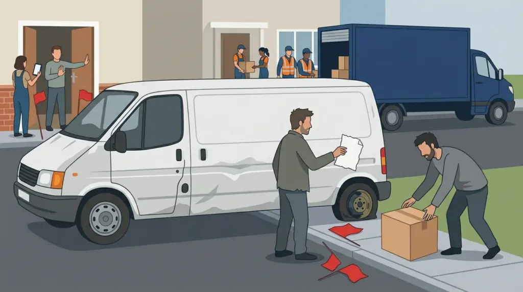 An unmarked battered van and an unuiformed crew turned away at the door, a properly marked truck working further down the street