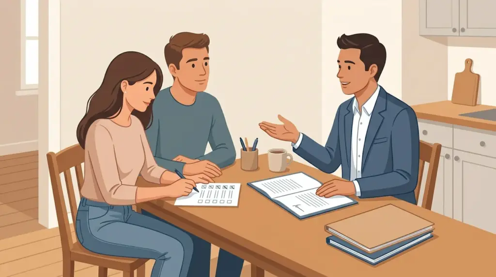 A couple working through their own list of questions while an agent answers, other agents' folders stacked at the table edge