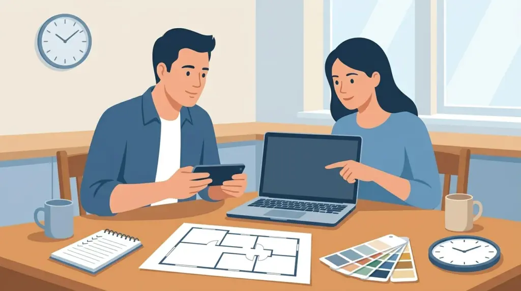 A couple viewing a house remotely by video call, working from a floor plan and swatches at their own kitchen table