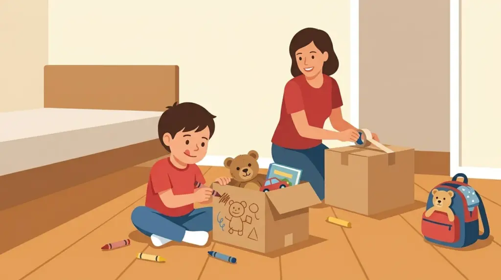 A child decorating and packing their own box with their favourite things while a parent tapes up nearby