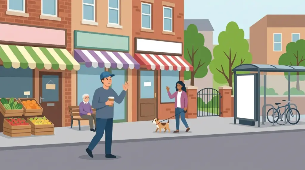 A newcomer walking a local high street for the first time and exchanging a wave with a neighbour