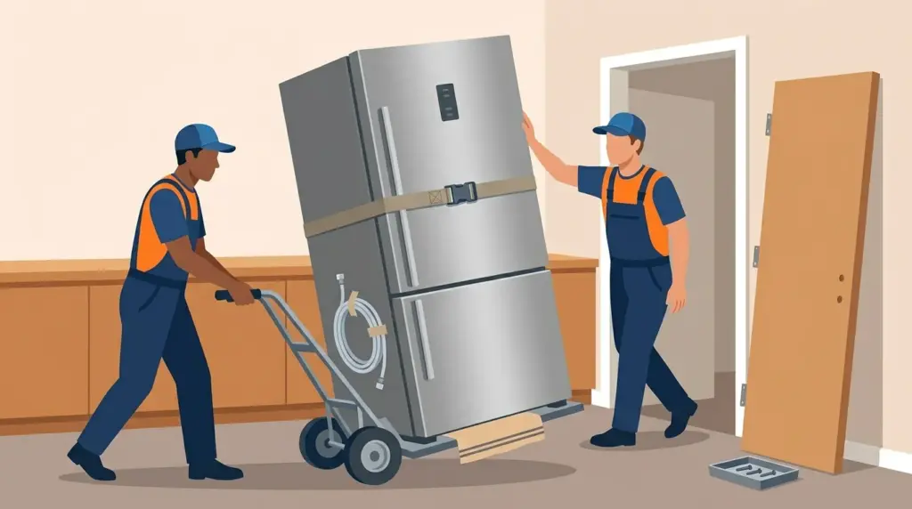 A refrigerator kept upright on an appliance dolly, doors strapped shut, going through a doorway with the door lifted off its hinges