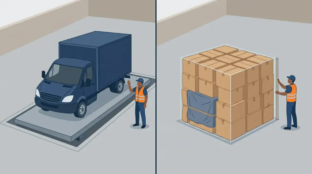 The same load priced two ways: a truck on a weighbridge beside the identical load measured as a stack of cubic volume