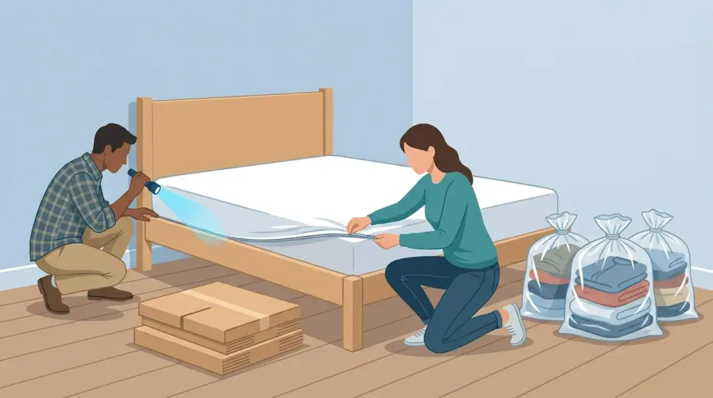 A mattress being sealed into an encasement, a bed frame seam inspected by torch, and clothing sealed for a hot wash