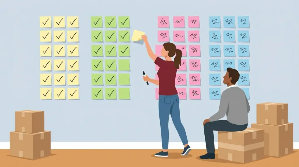 A planning wall of sticky notes in four colour columns, tasks moving across from to-do to done