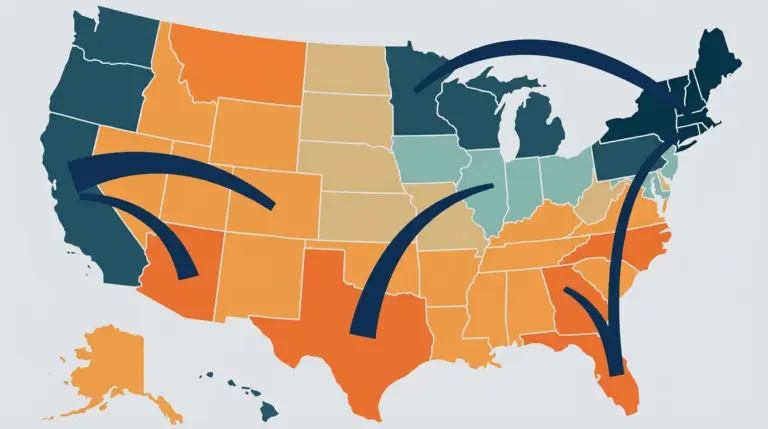 A warm-to-cool map of where people settled, with the year's four largest flows arcing across it