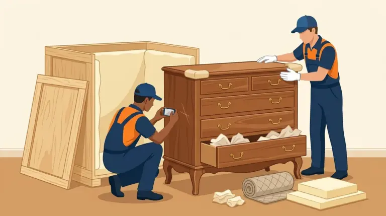 An antique chest being corner-protected in cotton gloves beside a foam-lined custom crate, with an existing scratch photographed for the condition report