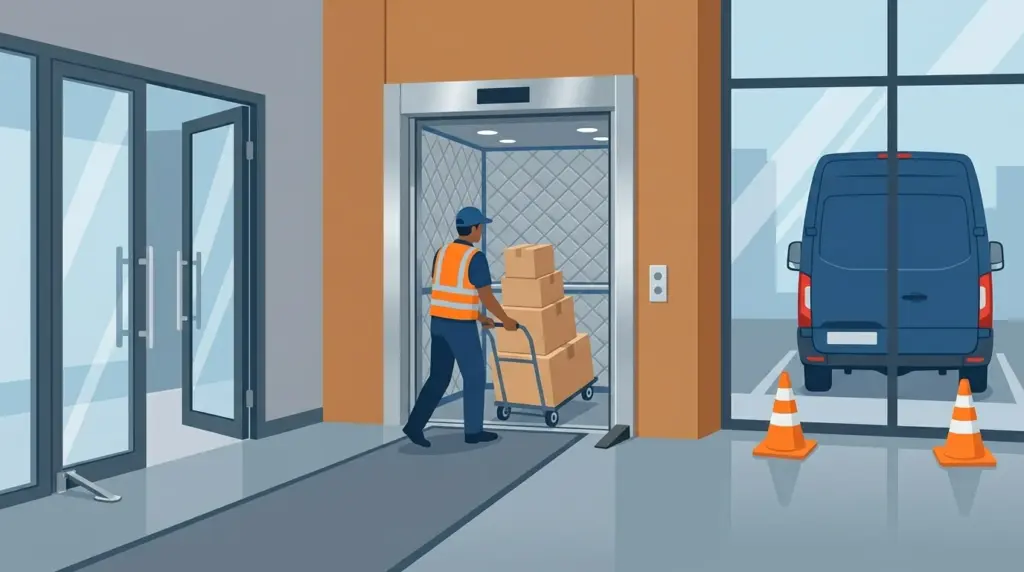 A padded service lift, propped lobby doors with floor runners laid, and a kerb space coned off for the truck