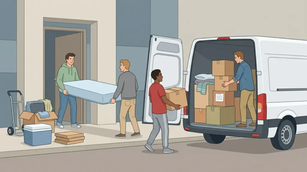 Friends loading a small hired van with mismatched scavenged boxes and bedding used as padding instead of moving blankets