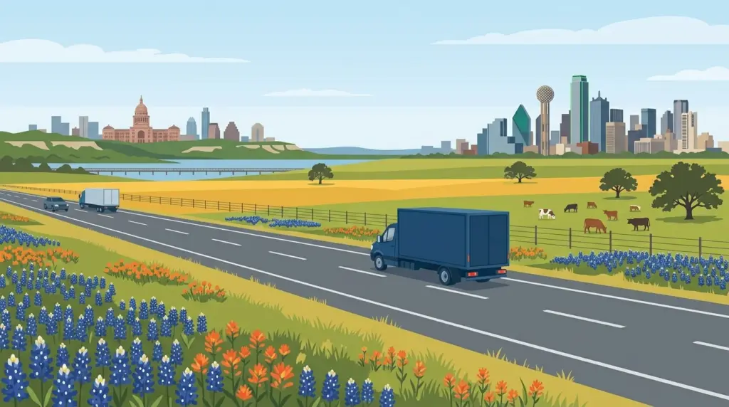 Illustration of the Austin–Dallas moving corridor across central Texas prairie in bluebonnet season