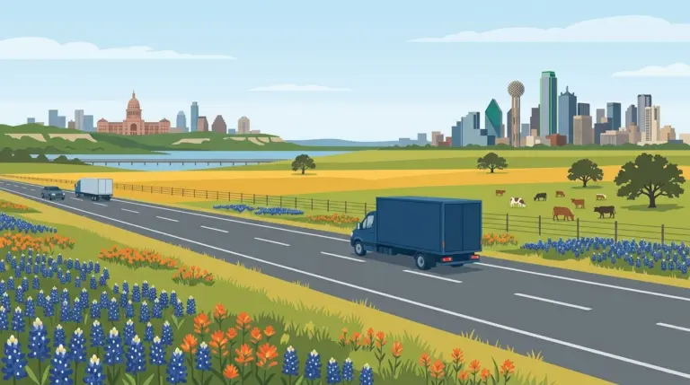Illustration of the Austin–Dallas moving corridor across central Texas prairie in bluebonnet season
