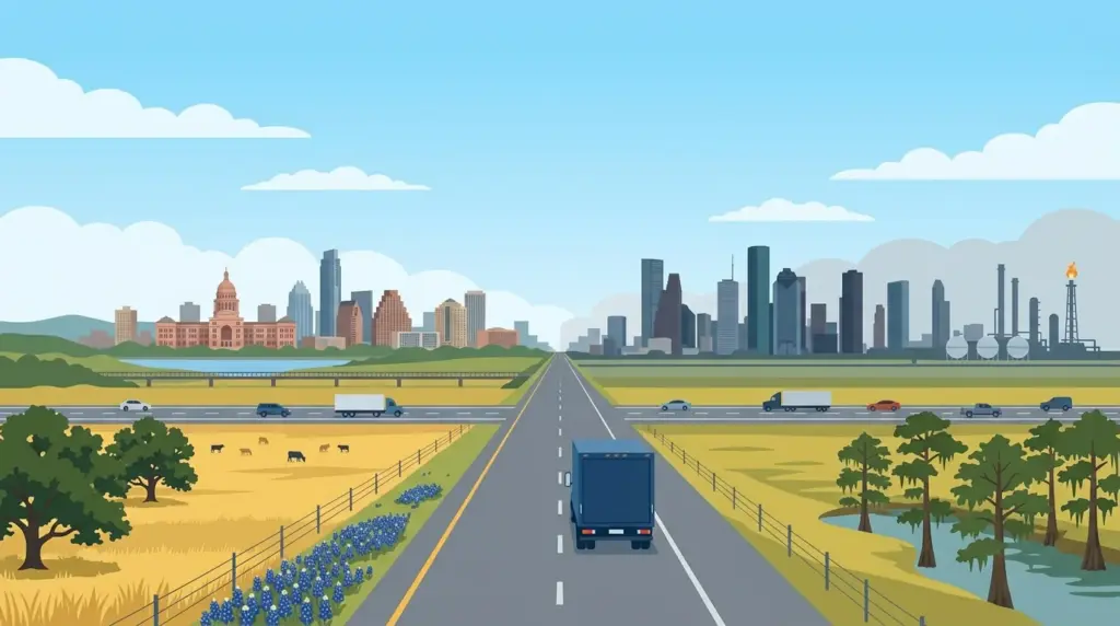 Illustration of the Austin–Houston moving corridor across central Texas, the Austin hills on one horizon and flat Houston on the other