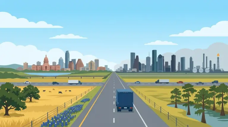 Illustration of the Austin–Houston moving corridor across central Texas, the Austin hills on one horizon and flat Houston on the other