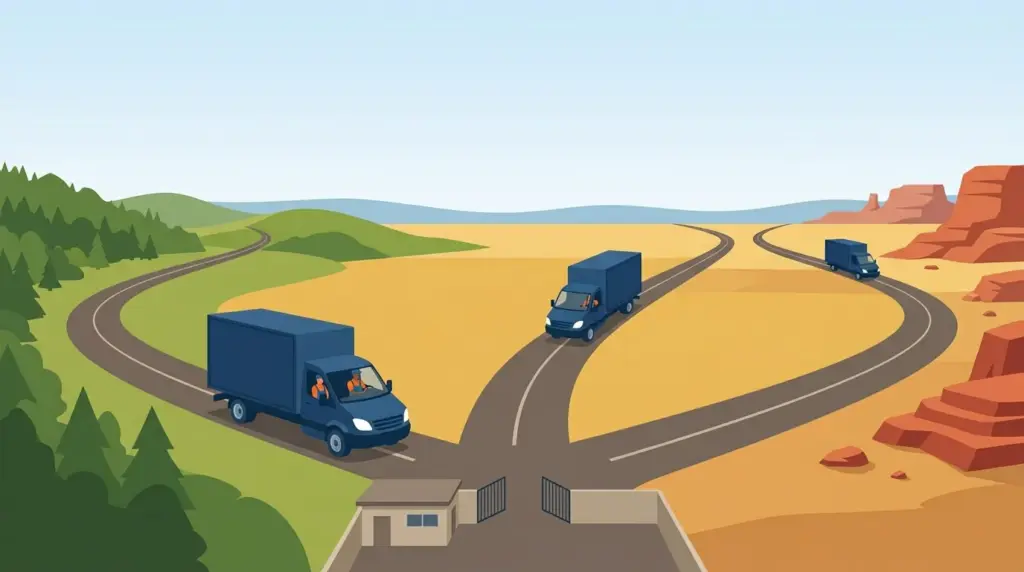 Three roads fanning out from a single depot into wooded hills, open plains and red rock, a truck travelling on each