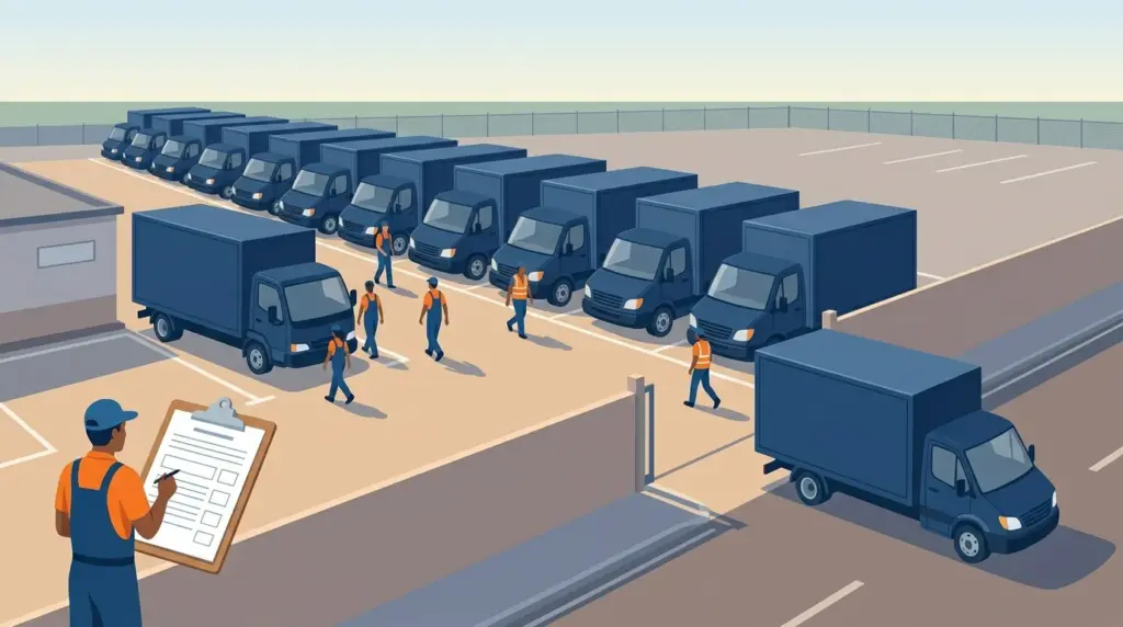 A depot yard filled with loaded trucks in their bays, two already pulling out onto the road in different directions