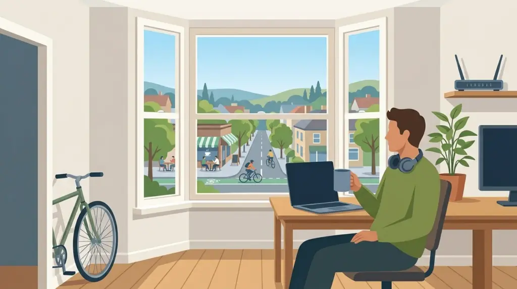 A home desk in a bay window looking out on a walkable tree-lined street with cycle lanes and cafés