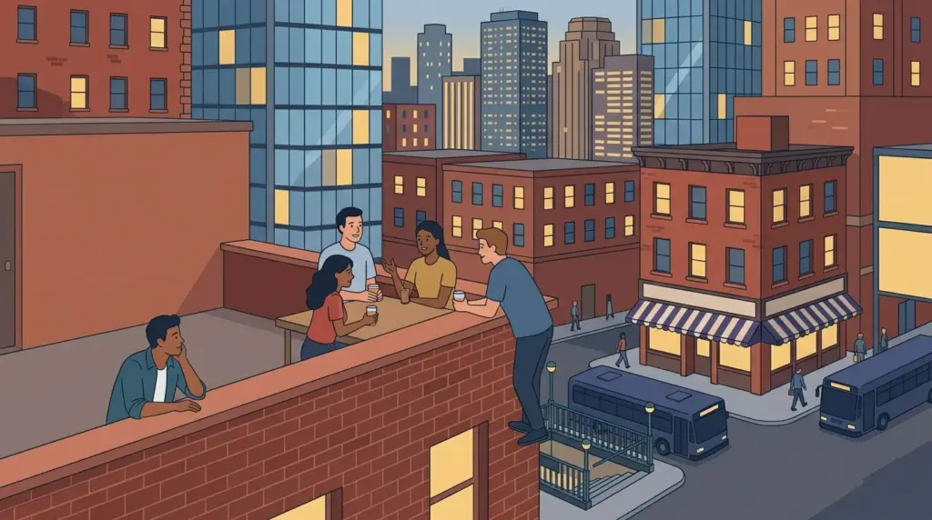 An evening roof terrace above a dense city of lit windows, buses and a subway entrance on the street below