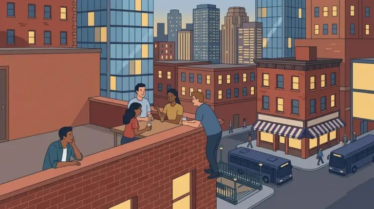 An evening roof terrace above a dense city of lit windows, buses and a subway entrance on the street below