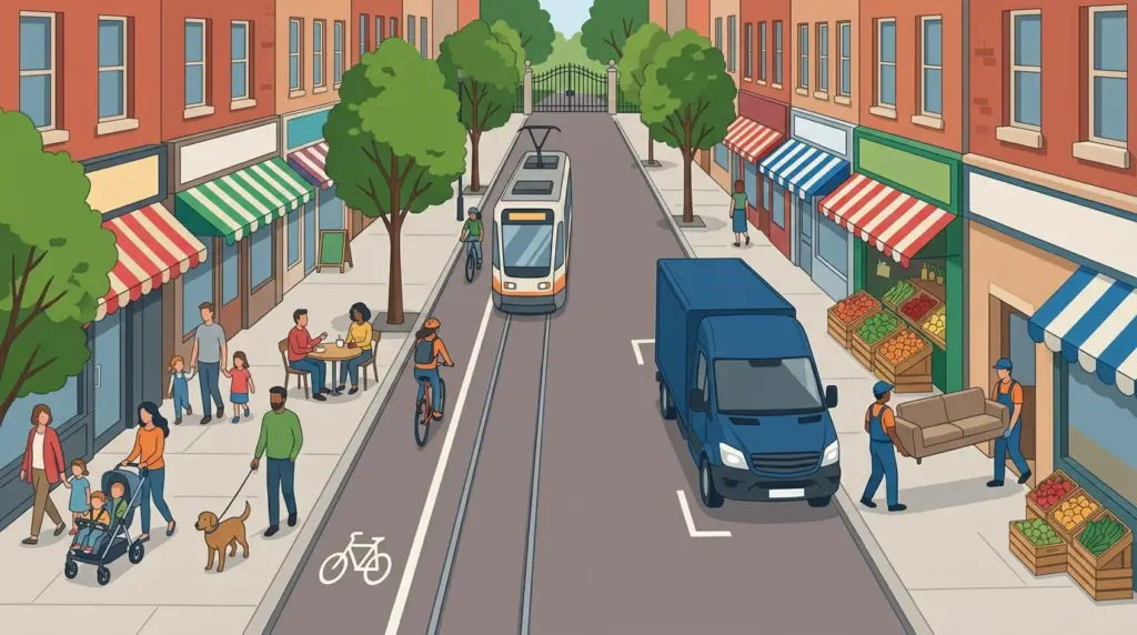 A lively mixed city street of shops, trees, trams and cycle lanes, with a moving van at the kerb halfway along