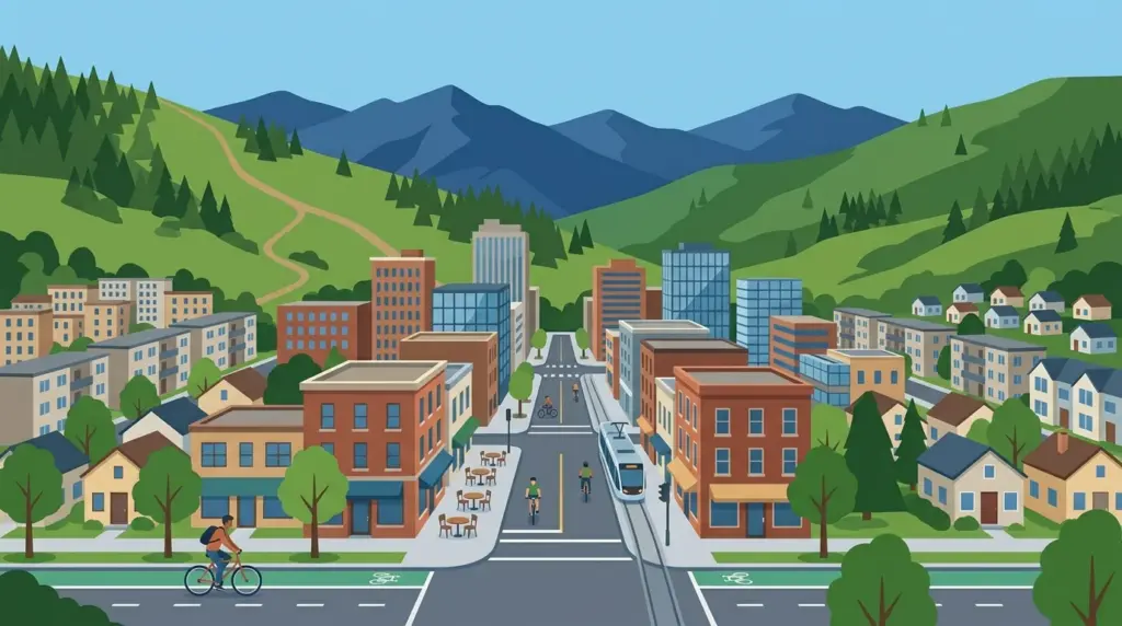 A compact mid-size downtown with cycle lanes and trams, wooded hills and mountains rising directly behind