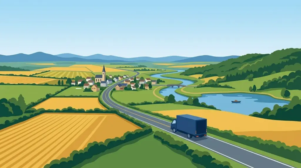 A wide landscape of farmland, river, lake and mountains with a moving truck on the road winding down into it
