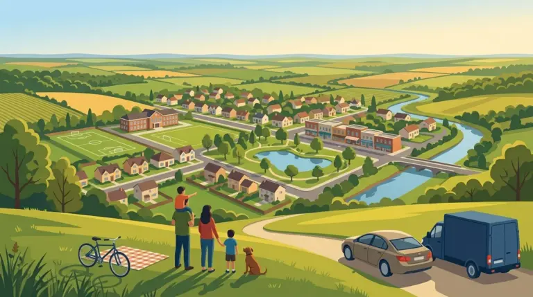 A family looking down from a hill over a small town with its school, park, river and farmland all in view