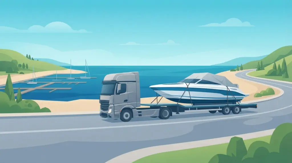 Illustration of a boat on a trailer being prepared for transport, covering permits and insurance