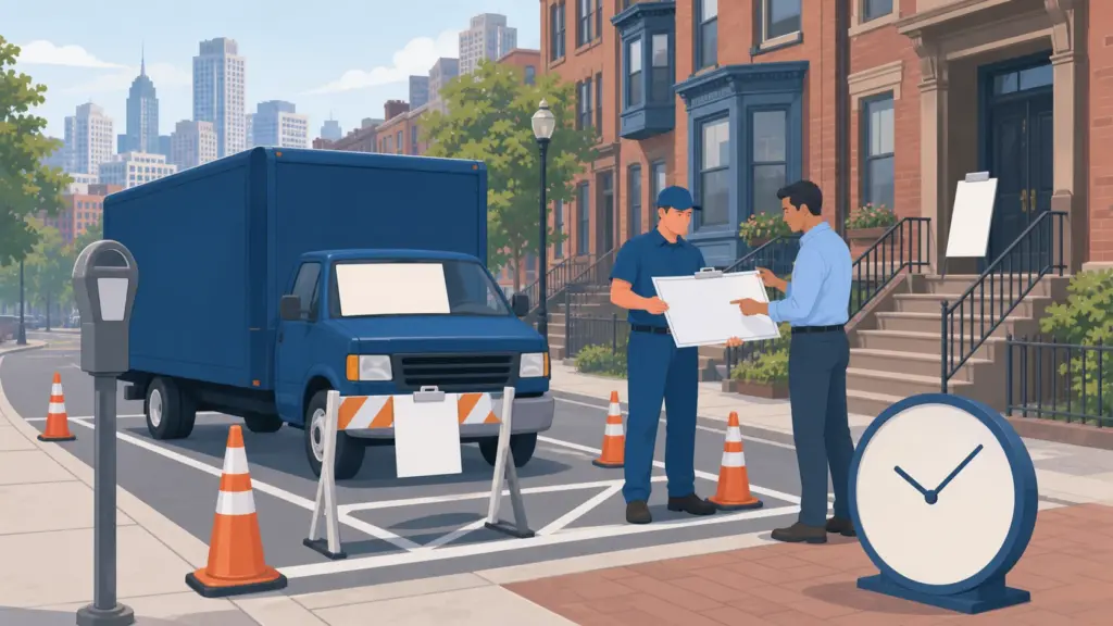Illustration of a Boston moving permit, showing street parking reservation and truck rules
