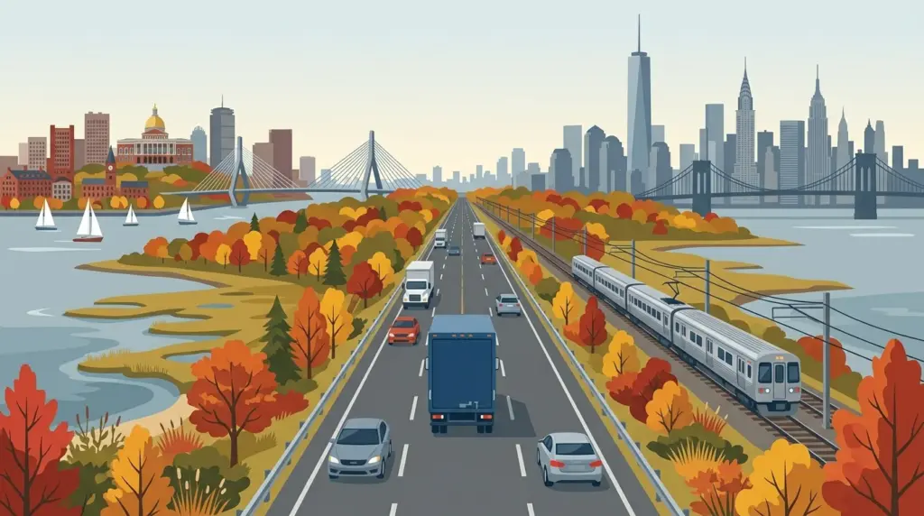Illustration of the Boston–New York City moving corridor, both skylines on the horizon across autumn New England