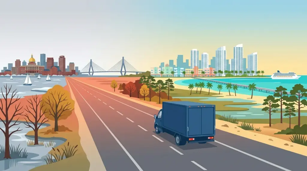Illustration of the Boston to Miami haul down the eastern seaboard, autumn marshland giving way to palms and turquoise water