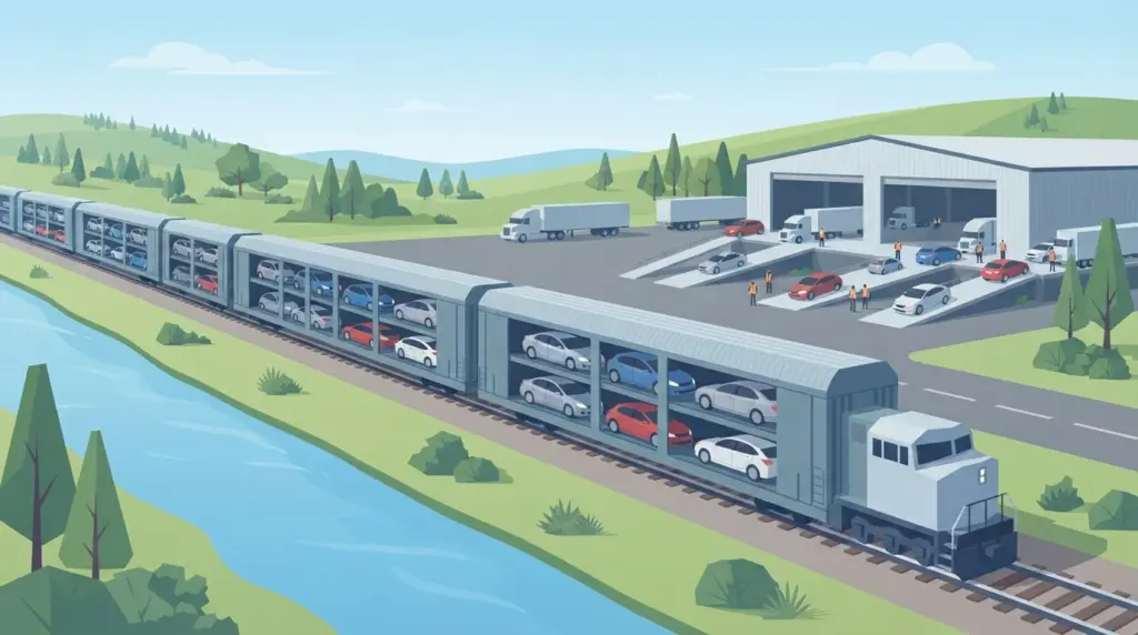 Illustration of a car being loaded onto an auto train for rail transport