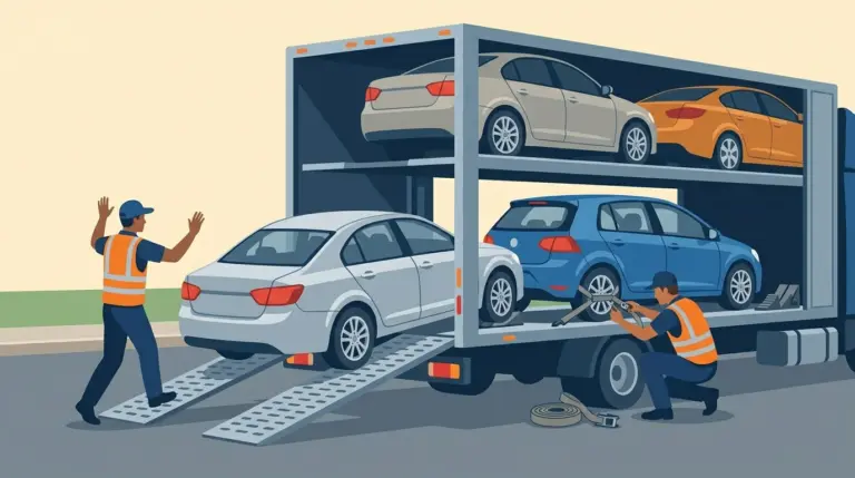 A car being guided up the ramps of an open two-level transporter while a worker tightens a wheel strap over the tyre