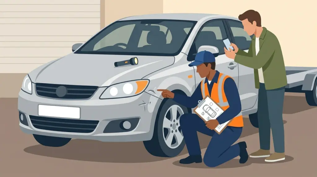 A pickup inspection: the driver pointing out an existing dent while the owner photographs it and a condition form is filled in