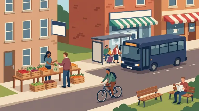 A modest neighbourhood corner with a market stall, a bus at its shelter, a laundrette and a to-let board