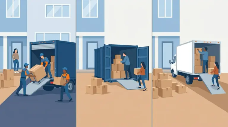A full crew, a self-loaded container and a rental truck done alone, side by side on identical driveways