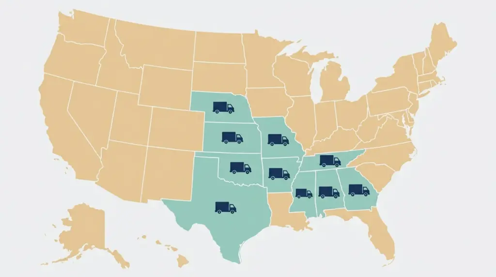 Low-cost states each carrying a small moving truck, forming a run through the centre-south