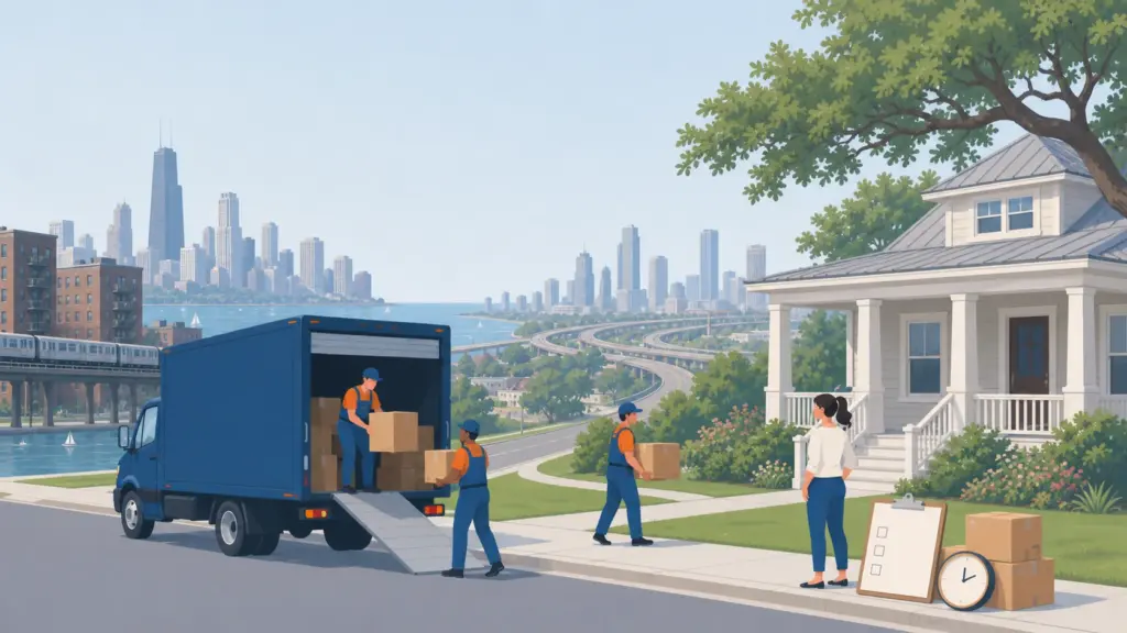Illustration of a long-distance move from Chicago to Houston, showing route and timing