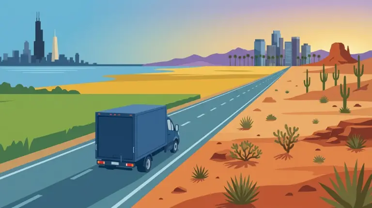 Illustration of the Chicago to Phoenix haul, midwestern farmland giving way to Sonoran desert