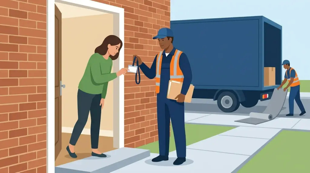 A householder taking their time over a mover's identity badge on the doorstep, with a clean marked truck at the kerb